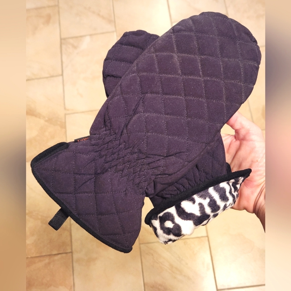 Anthropologie Black Quilted Mittens w/Faux Fur Animal Print Lining S